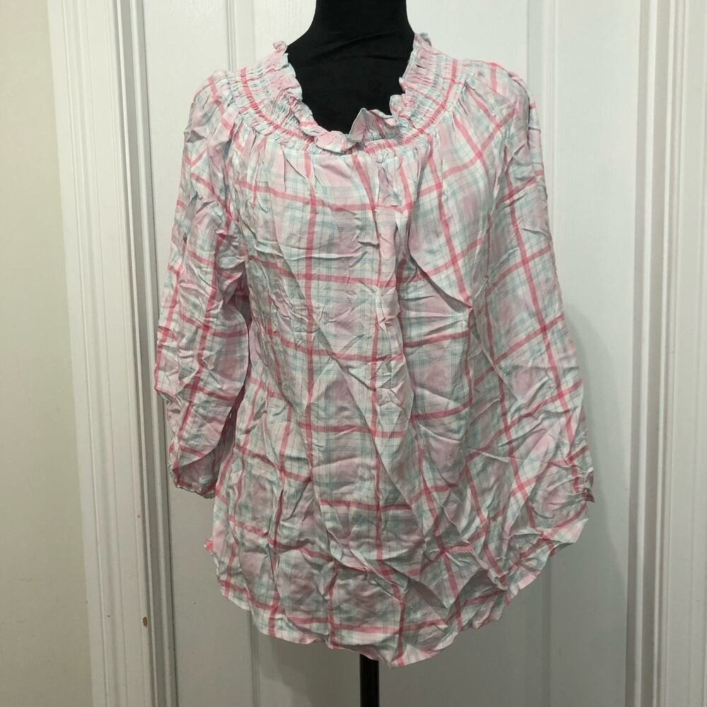 Tommy Hilfiger Womens Pink Blue Plaid Smocked Ruffle Neck Blouse 0X W2BMH099 NEW
